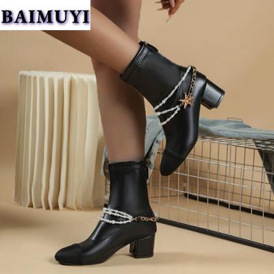 Элегантные женские ботильоны на высоком каблуке с бусинами, массивные туфли для вечеринок, 2025, трендовые зимние короткие плюшевые зимние туфли-лодочки Botas Mujer