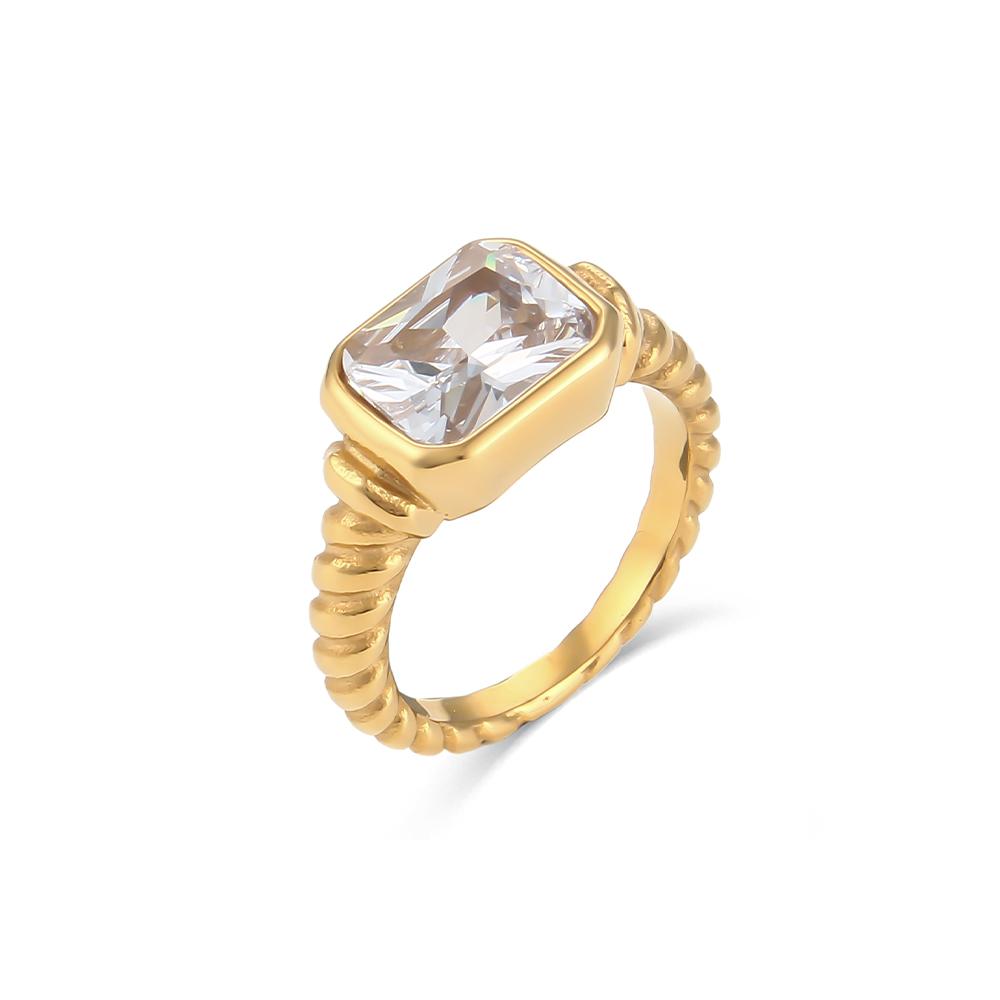E.B.belle Christmas Jewelry Luxury Texture Engraved Side Rectangle 3A Zircon Stone Rings For Women Stainless Steel Gold Gem Ring