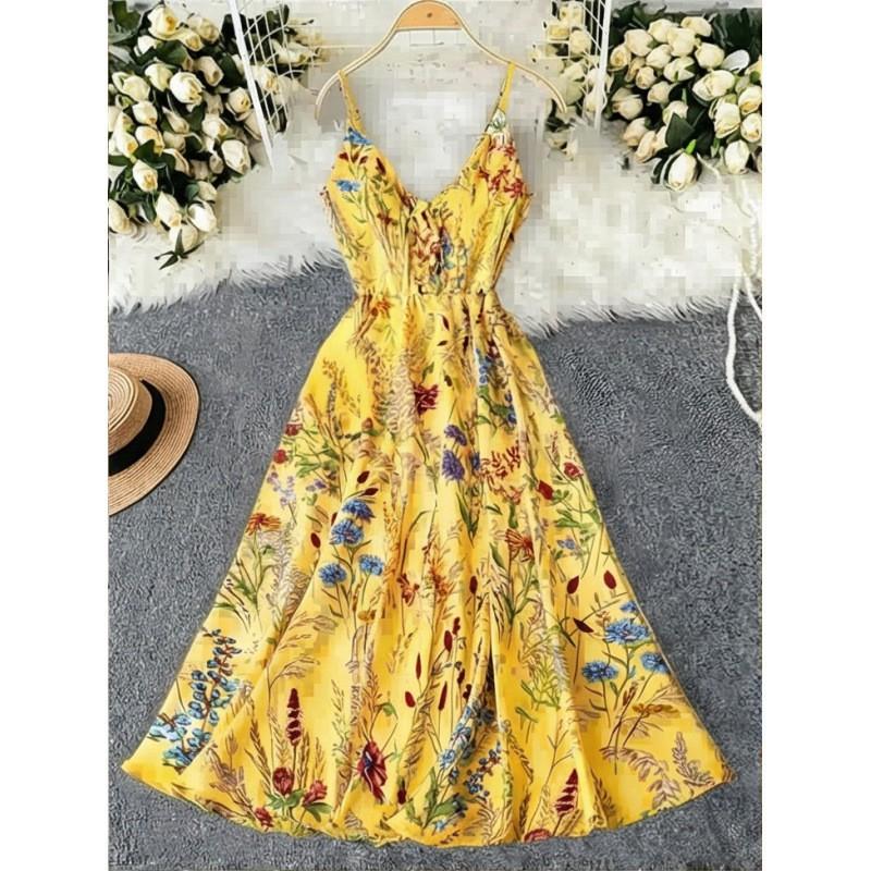 Bohemian Floral Print Slip Dress Sweet Salty Style V-Neck Long Maxi Women