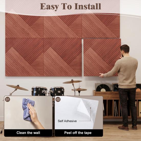 Studio Foam Panels Decorative Acoustic Panels, 23.6" x 23.6", Flame-Retardant Polyester Fiber Sound Absorbing Wall Tiles with Wood Grain Design,