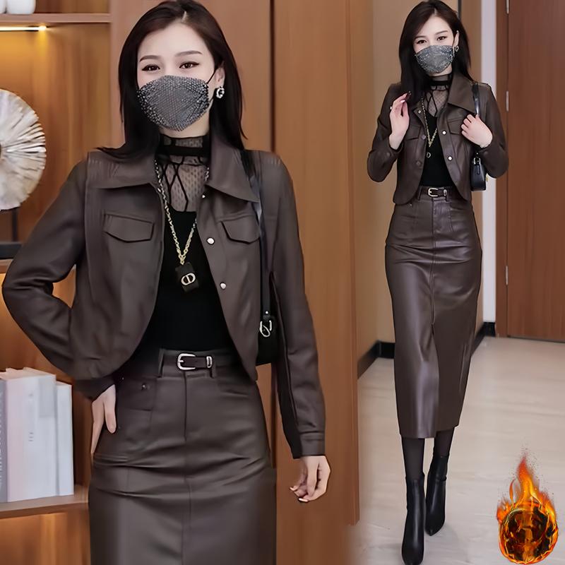 Короткая кожаная куртка из бархата, женские топы, осень и зима, новый модный костюм, юбка, маленькая кожаная юбка