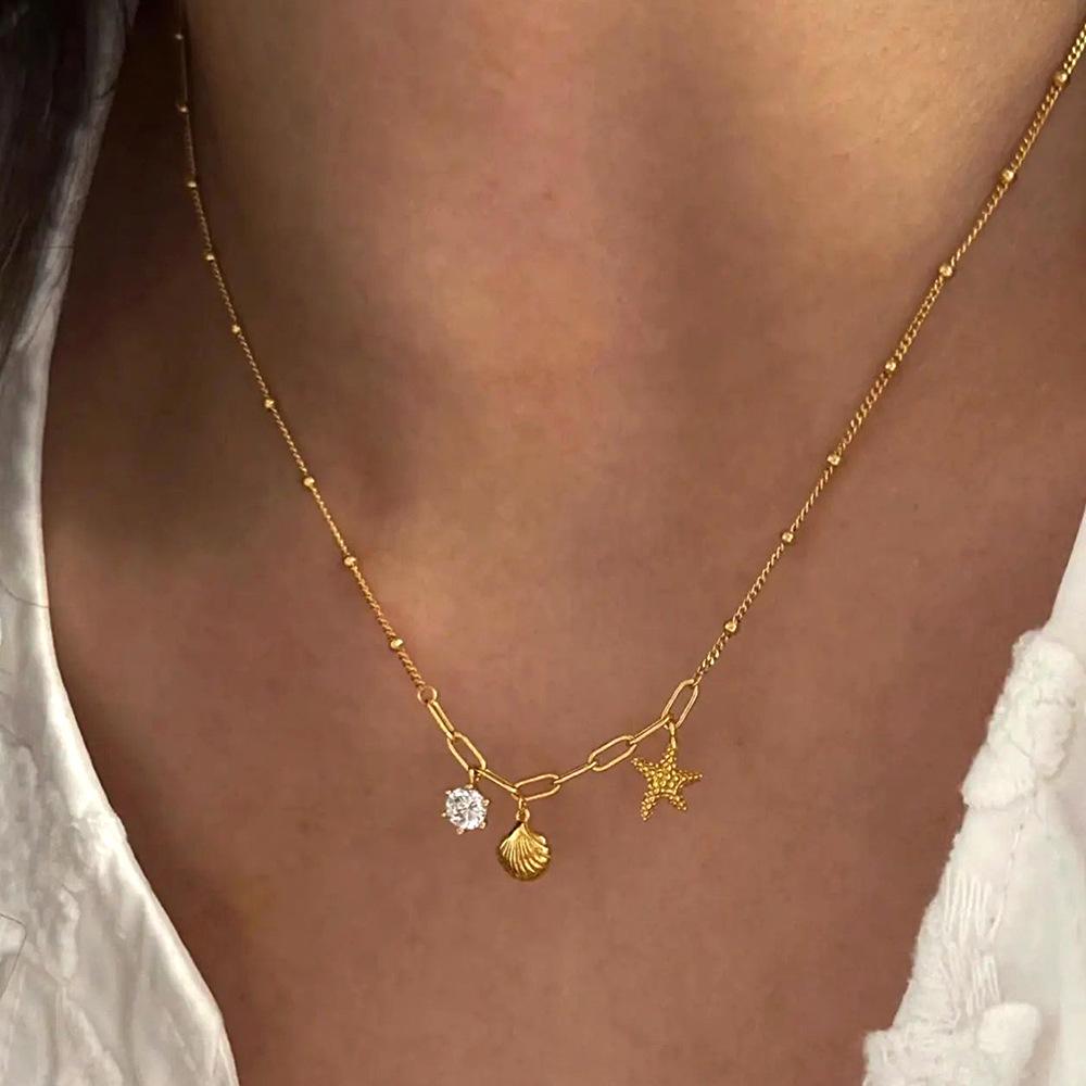 Zircon Starfish Pendant Necklace Titanium Steel Collarbone Chain Minimalist High-End Fashion Jewelry for Women