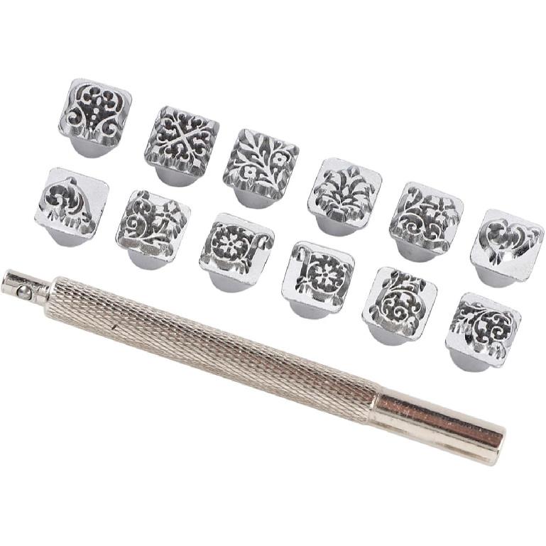 12 шт. Инструменты для тиснения кожи, 12 узоров Цинковый сплав Штампы для кожи Набор инструментов для пробивки, Цветочный дизайн Штамп для кожи для кожаного ремесла DIY Ювелирные изделия