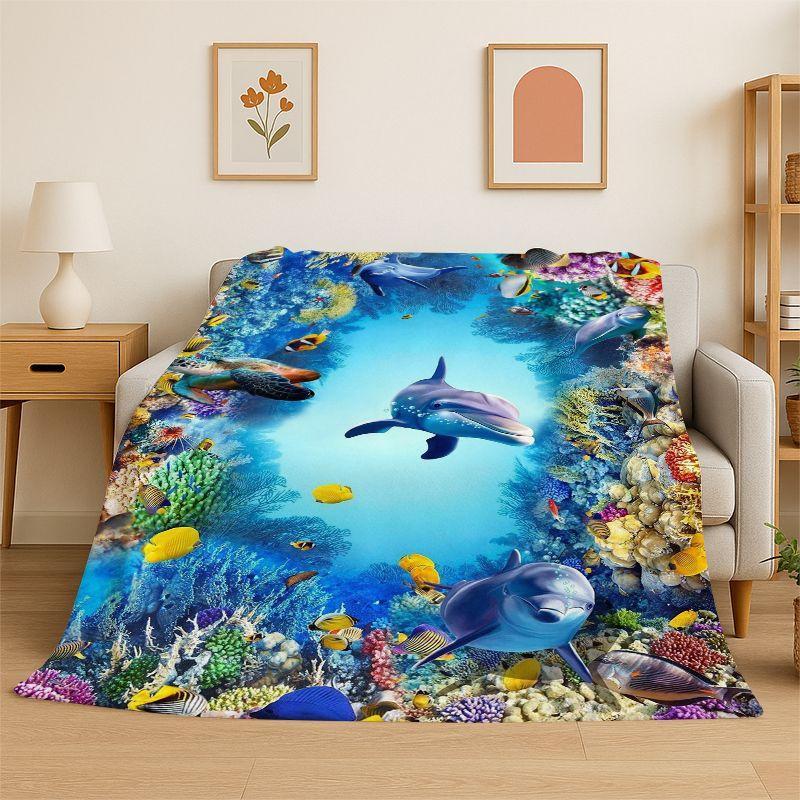 Seabed illusion 3D Underwater World Dolphin Cartoon Flannel Blanket Soft Throw Blanket for Bedroom Living Room Bed Travel Nap