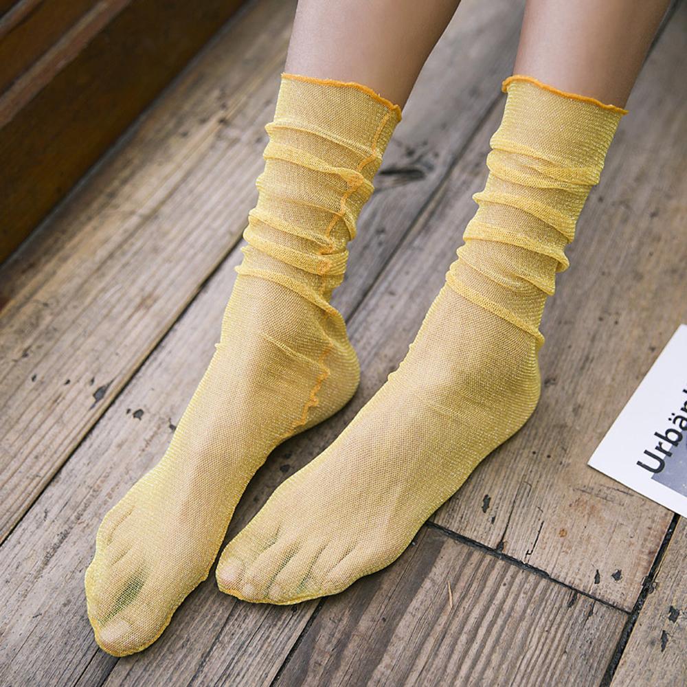 Прозрачные летние модные блестящие женские нейлоновые тюлевые носки с рюшами, чулочно-носочные изделия, сетчатые носки