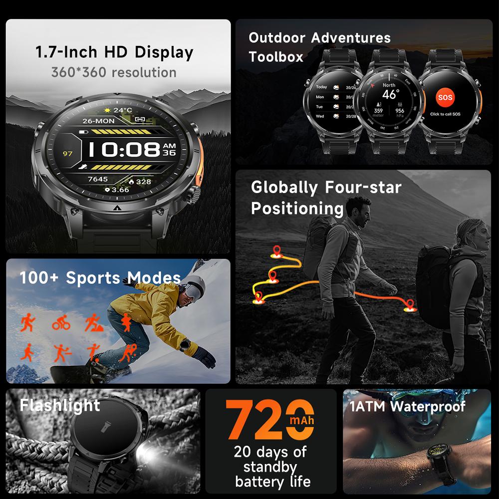 Новые мужские GPS-смарт-часы 1,7-дюймовый HD-экран Военный звонок IP68 Водонепроницаемые 100 спортивных режимов Смарт-часы с большой батареей 720 мАч