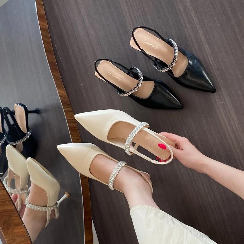 Женская обувь 2025 Новые летние туфли-лодочки с острым носком на шпильке, женские сандалии с ремешком на пряжке, модные стразовые вечерние сандалии для женщин