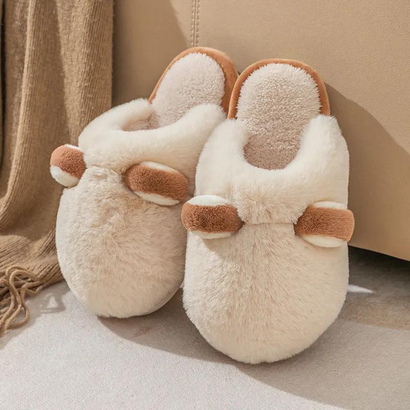 Толстые пушистые тапочки для дома, меховые тапочки с ушками животных, 2024, новые хлопковые тапочки, нескользящие теплые тапочки для спальни