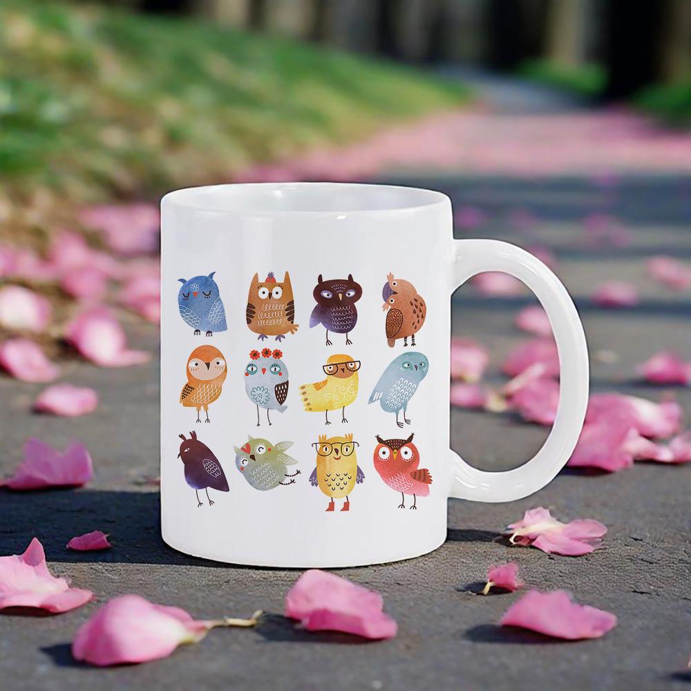 Various Birds Pattern Beer Mug Owl Themed Coffee Mugs Drinkware for Milk Juice Soup Cute Gift for Classmate Coworker Ceramic Cup