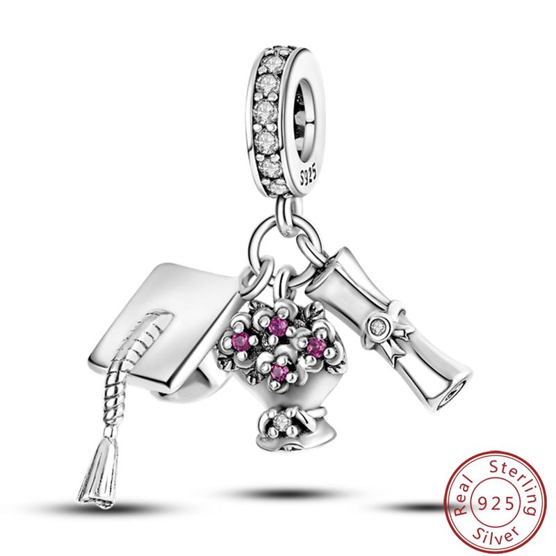 Выпускной Серия 925 Чистого Серебра Шляпа Бакалавра Сертификат Цветы Шармы Бусины Подходит Pandora Оригинальные Браслеты DIY Ювелирные Изделия