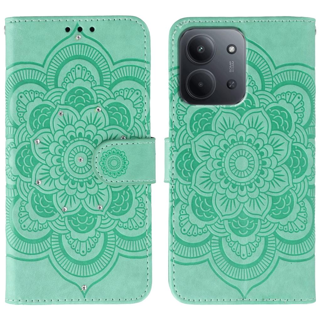 For Xiaomi Redmi 15C 5G (EU) (173mm)/15C 4G (EU) (173mm) Case Rhinestone Decor PU Leather Mandala Imprint Phone Cover with Wrist Strap