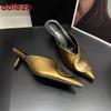 Мода 2025 Новая Мода Острый Носок Женские Туфли-Лодочки на Среднем Каблуке Весна Лето Женские Шлепанцы Металл Женские Босоножки на Каблуке Обувь Мюли