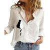Women Fashion Long Sleeve T-shirt Shirt Summer&autumn Cotton Linen Loose Top Female Casual Lapel Collar Cat Print Buttoned Blouses