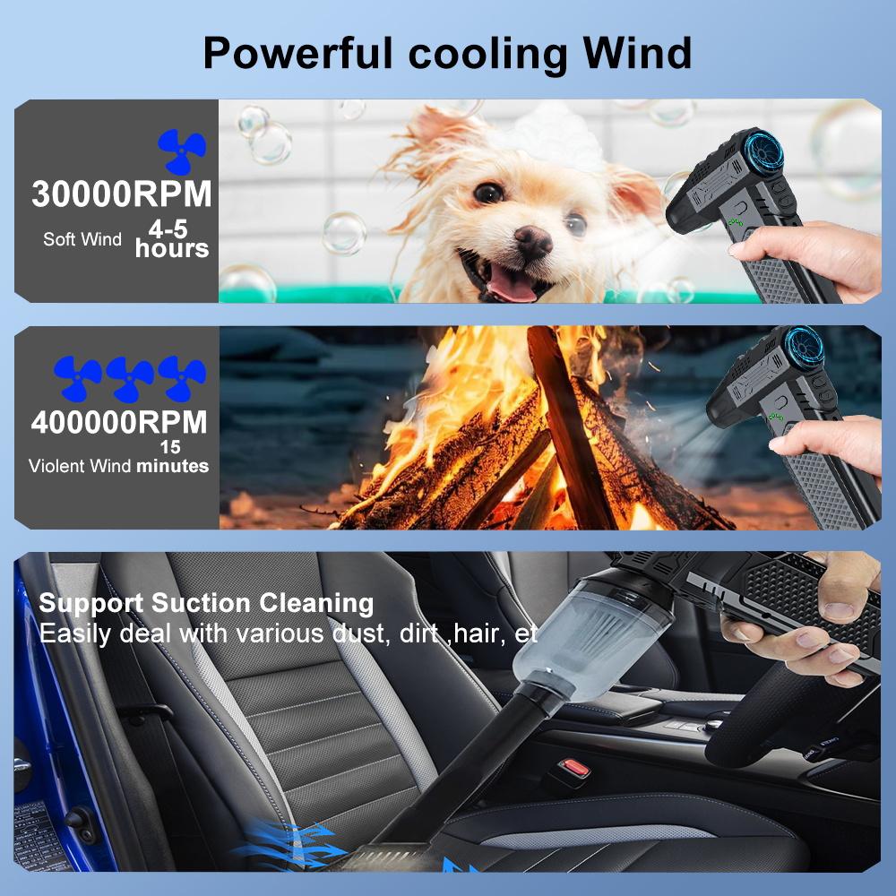 Электрический воздуходув 400000 об/мин Мощный вентилятор Выдув и всасывание 2 в 1 Портативный турбо-вентилятор Выдув снега Чистящий воздуходув Инструмент B002 Зарядка Type-C