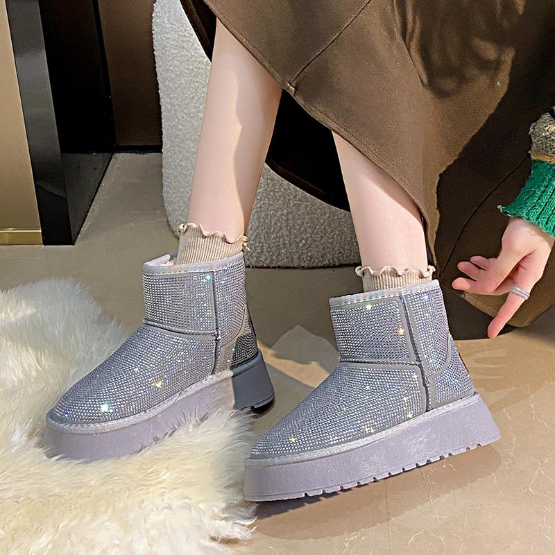Fashion Women's New Winter Thick Soled Snow Boots Round Head Suede Rhinestone Anti-slip Wear-resistant Short Boots