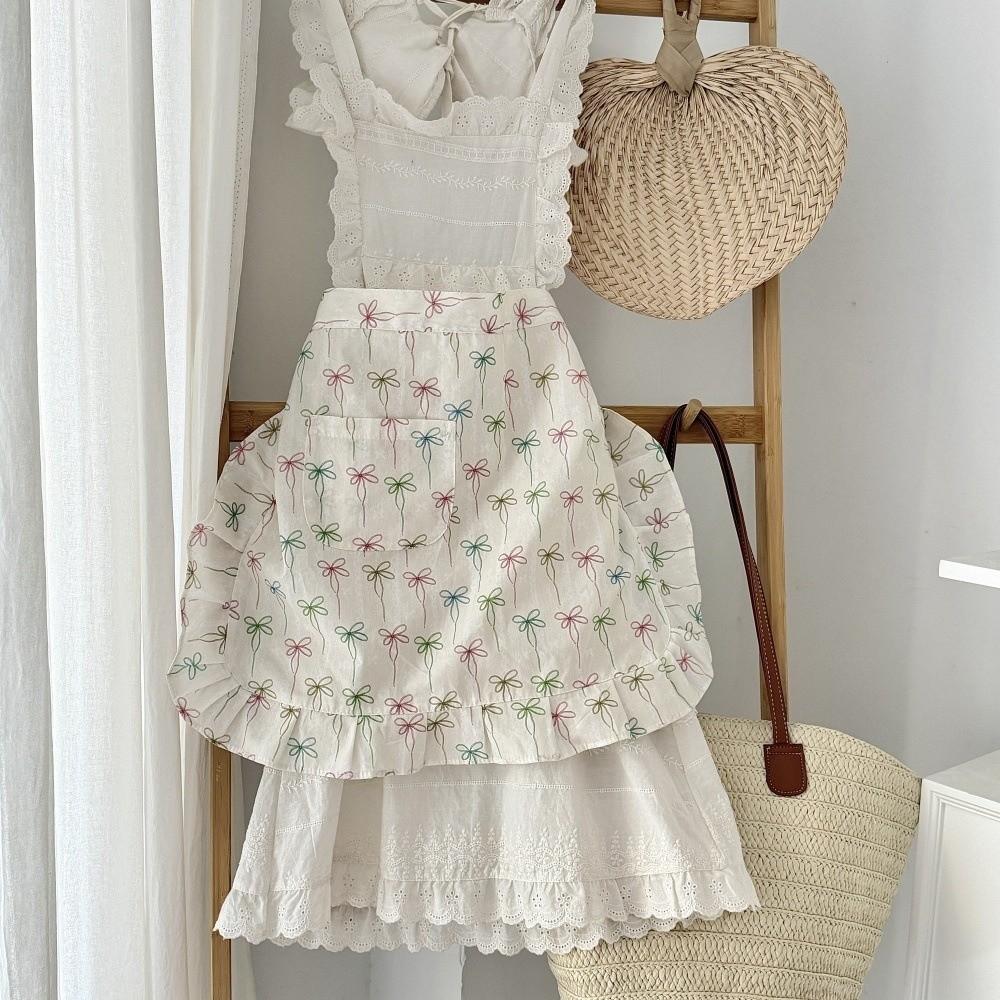 Cotton Floral Lace Apron With Pocket Half Body Apron Korean Style Kitchen Apron Coffee Shop