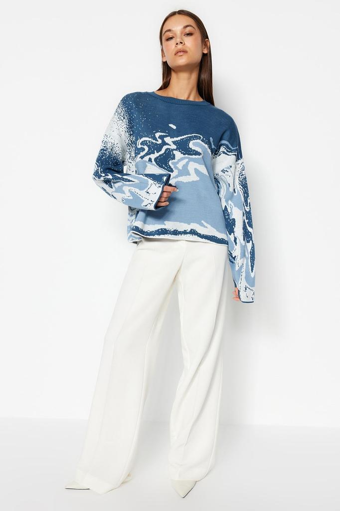 Women's Fashionable Stylish Sweater Yellow Patterned Crew Neck Knitwear Sweater