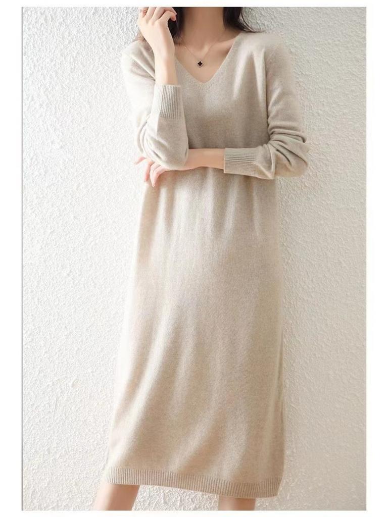 Autumn and Winter V-neck Knit Dress Women's Loose-fit High-end Feel Undercoat Long Dress French Style Coat for Ladies