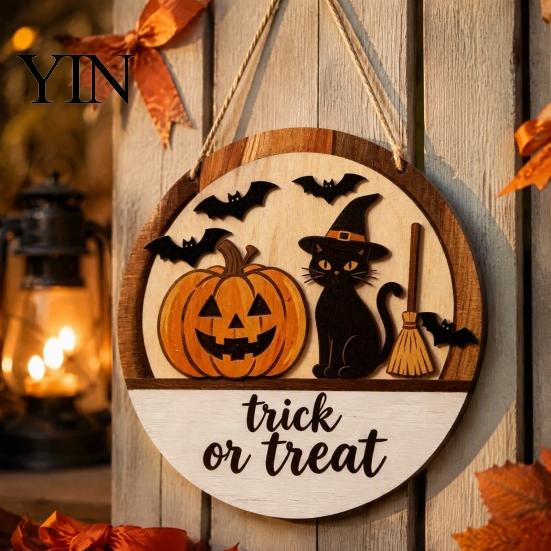 Halloween Door Sign Layered Round Hanger, 3D Pumpkin Ghost Owl Wood Welcome Sign, Handmade Farmhouse Front Wall Hanging Decor for Home Store