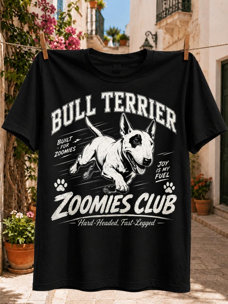 Bull Terrier Zoomies Club Built For Zoomies Joy Is My Fuel Graphic Running Dog Paw Prints And Unisex All Tshirt