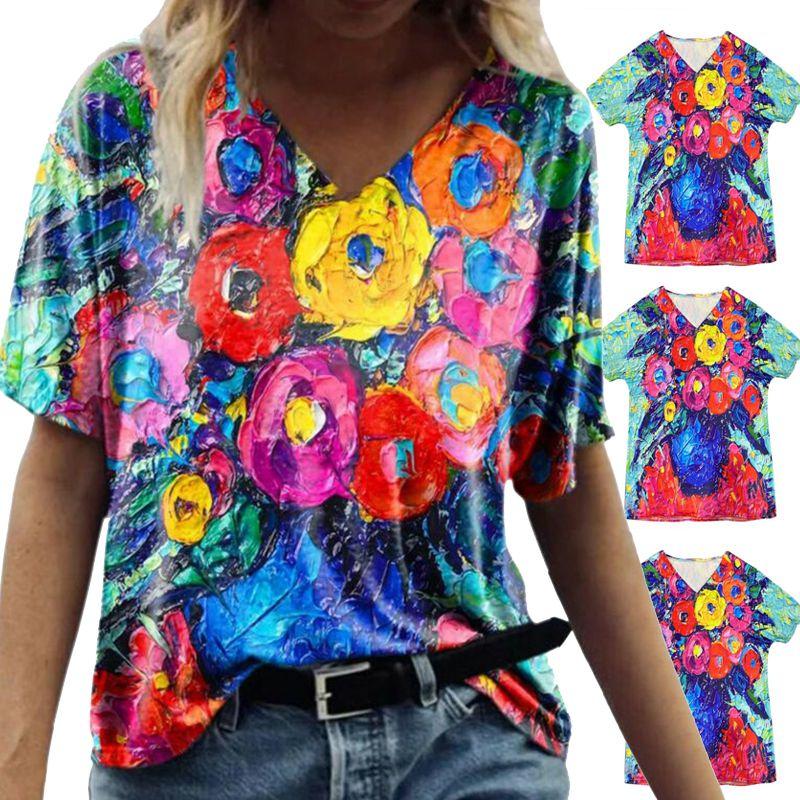 Summer Casual T Shirt With Floral Print And V Neck For Women