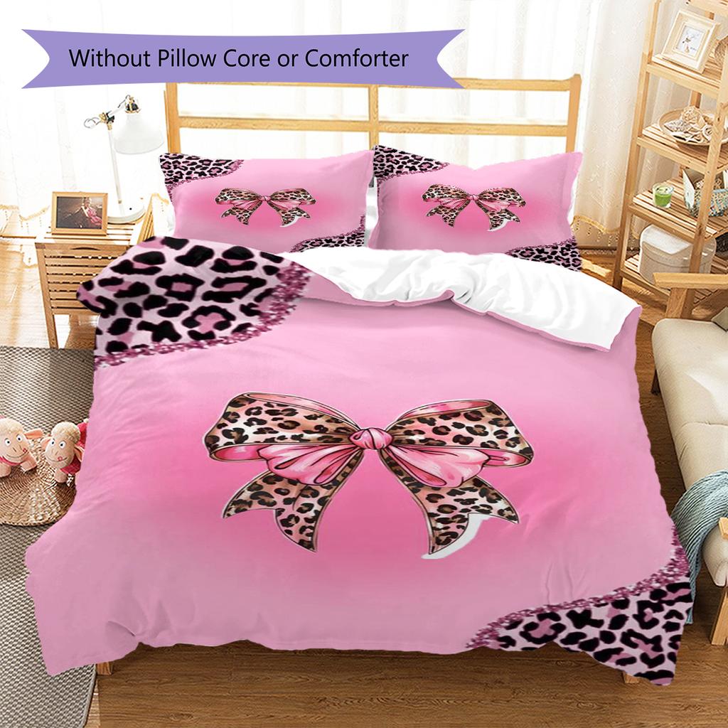 Pink Bowknot Leopard Pattern Bedding Quilt Set Quilt Cover Pillowcase Home Decoration Gift (1 * duvet cover + 2 * pillowcase, without core)