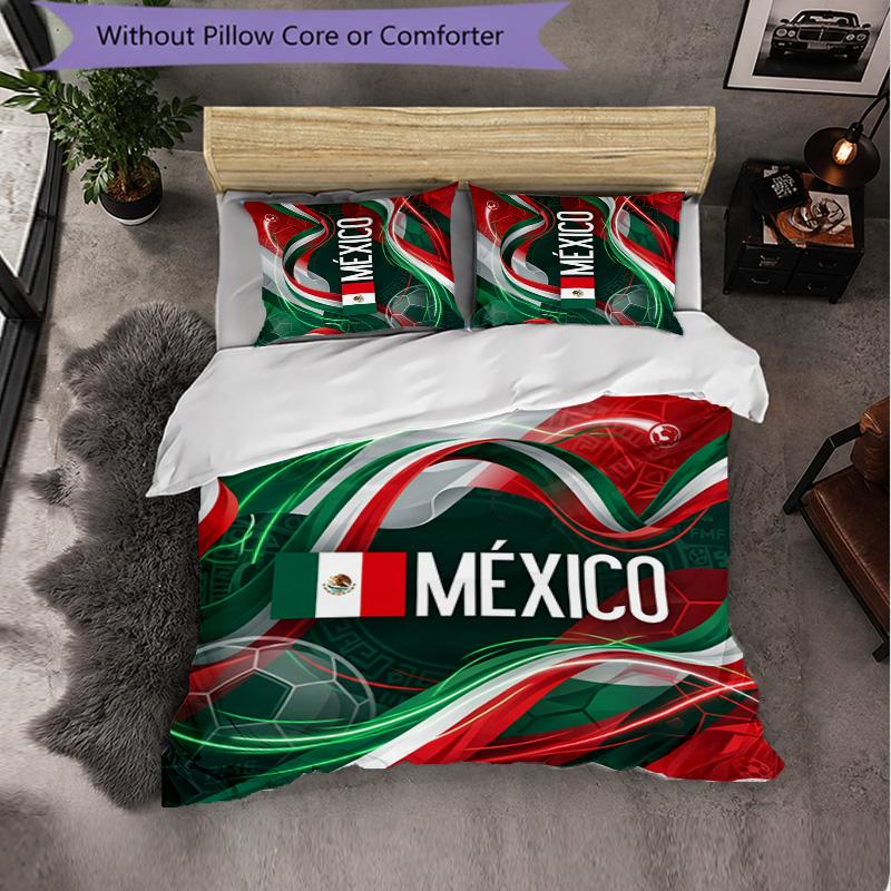 Mexico footbal Pattern 3 Pieces Bedding Set Soft Microfiber Duvet Cover with Pillow Cases for Bedroom