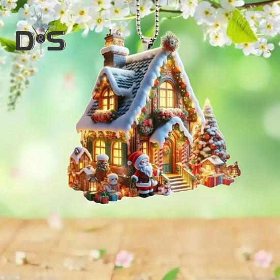 Рождественский орнамент снежный деревенский домик подвеска 2D плоский акриловый бревенчатый домик подвесное украшение для дома автомобиль елка декор