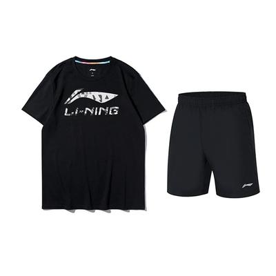 Футболка с принтом логотипа Li Ning, круглым вырезом и короткими рукавами и шорты средней посадки, повседневный спортивный комплект, унисекс, черные AHST791-1+YKST119-1