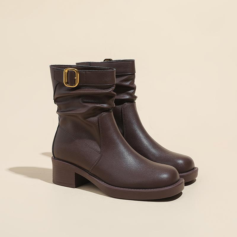 Retro pleated boots This year's popular western style mid-tube boots 2025 autumn and winter with Martin boots short boots for women