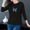 Spring Colorful Butterfly Print T-Shirts Long Sleeves Bottoming Shirts Women Cotton Pullover Casual Slit Shirt