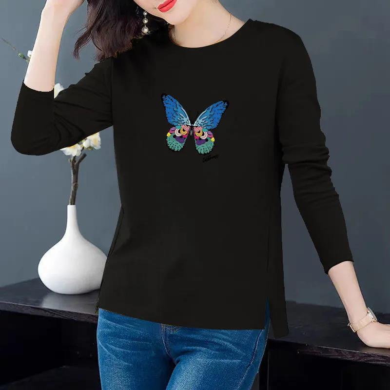 Spring Colorful Butterfly Print T-Shirts Long Sleeves Bottoming Shirts Women Cotton Pullover Casual Slit Shirt