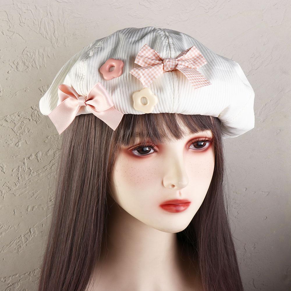 Cotton Octagonal Cap Y2k Painter Hat Sweet Bow Flower Beret  Autumn