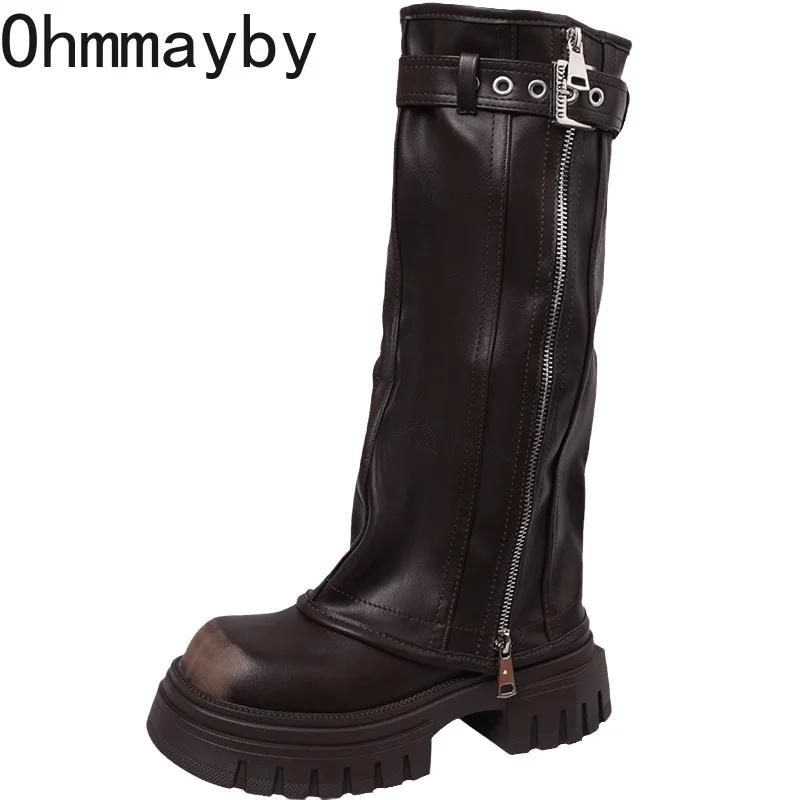 Fashion Platform Heel Knee High Boots Women Fashion Ladies Belt Buckle Knight Long Boots Autumn Winter Women's Thick Heel Shoes