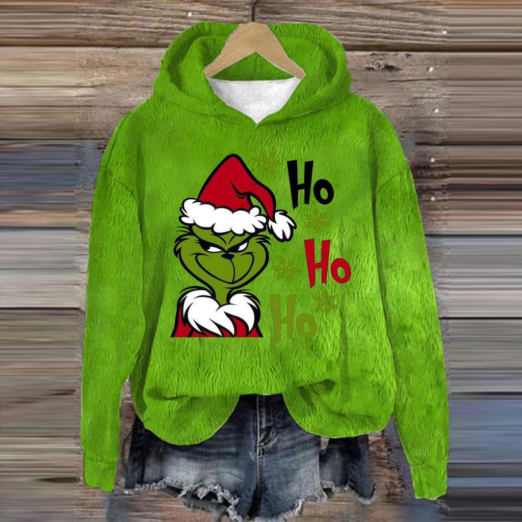 Женская модная повседневная толстовка с капюшоном и длинным рукавом из фланели с рождественским принтом