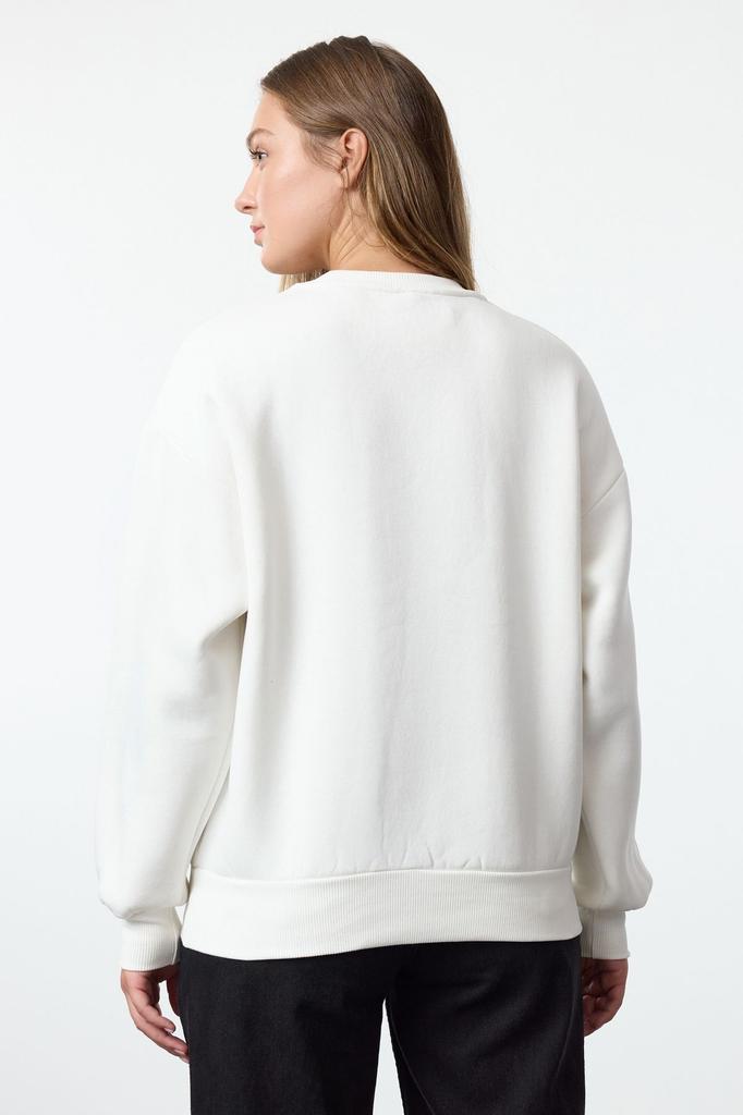 Women's Fashionable Stylish Sweatshirt Ecru Printed Oversize Wide Fit Crew Neck Thick Inside Fleece Knitted Sweatshirt