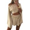 2 Pcs/Set Women Cropped Top Shorts Set Long Slit Sleeve Boat Neck Off Shoulder Solid Color
