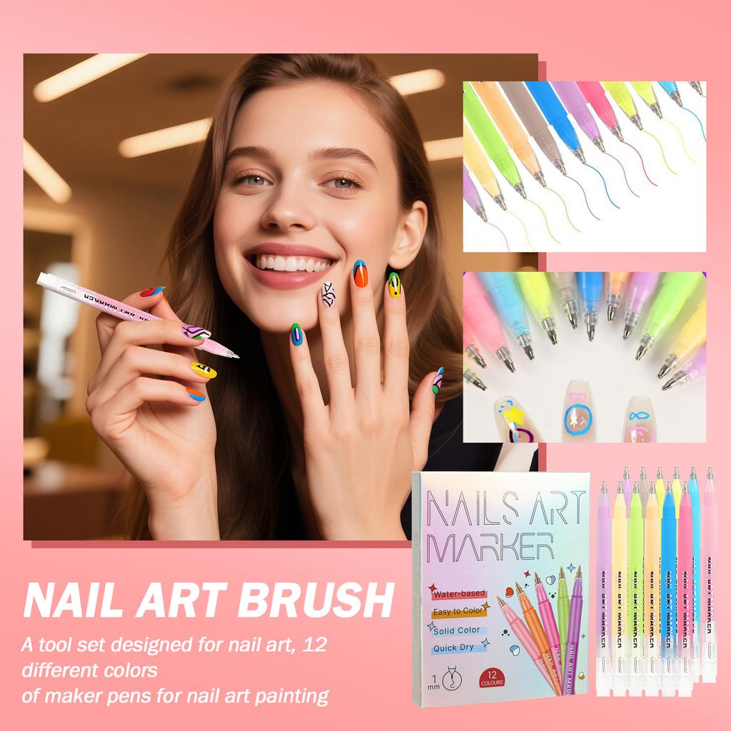 NAILSARTMARKER1mmDrawing Pen, Nail Painting Pen, DIY , Quick,drying, Colored Pen For Drawing Flowers And Outlining ,12 Colors36ml,
