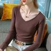 Long-sleeved T-shirt Women's Spring and Autumn New Women's Clothing V-neck Bottoming Shirt, Pit Strip Thread Inside, Fashionable Solid Color Top