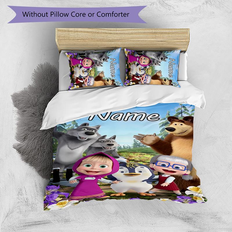 3pcs Custom Name Cartoon Masha and the Bear Bedding Set Duvet Cover Closure Includes 1 Duvet Cover & 2 Pillowcases for All Seasons Bedroom Decor
