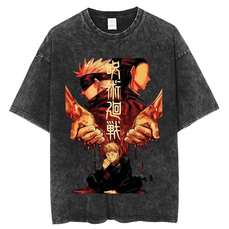 Горячая Манга Jujutsu Kaisen Футболка Годзё Сатору Принт Футболка Винтажная Стирка Уличная Одежда Мужская Женская Одежда Хлопок Оверсайз Футболка