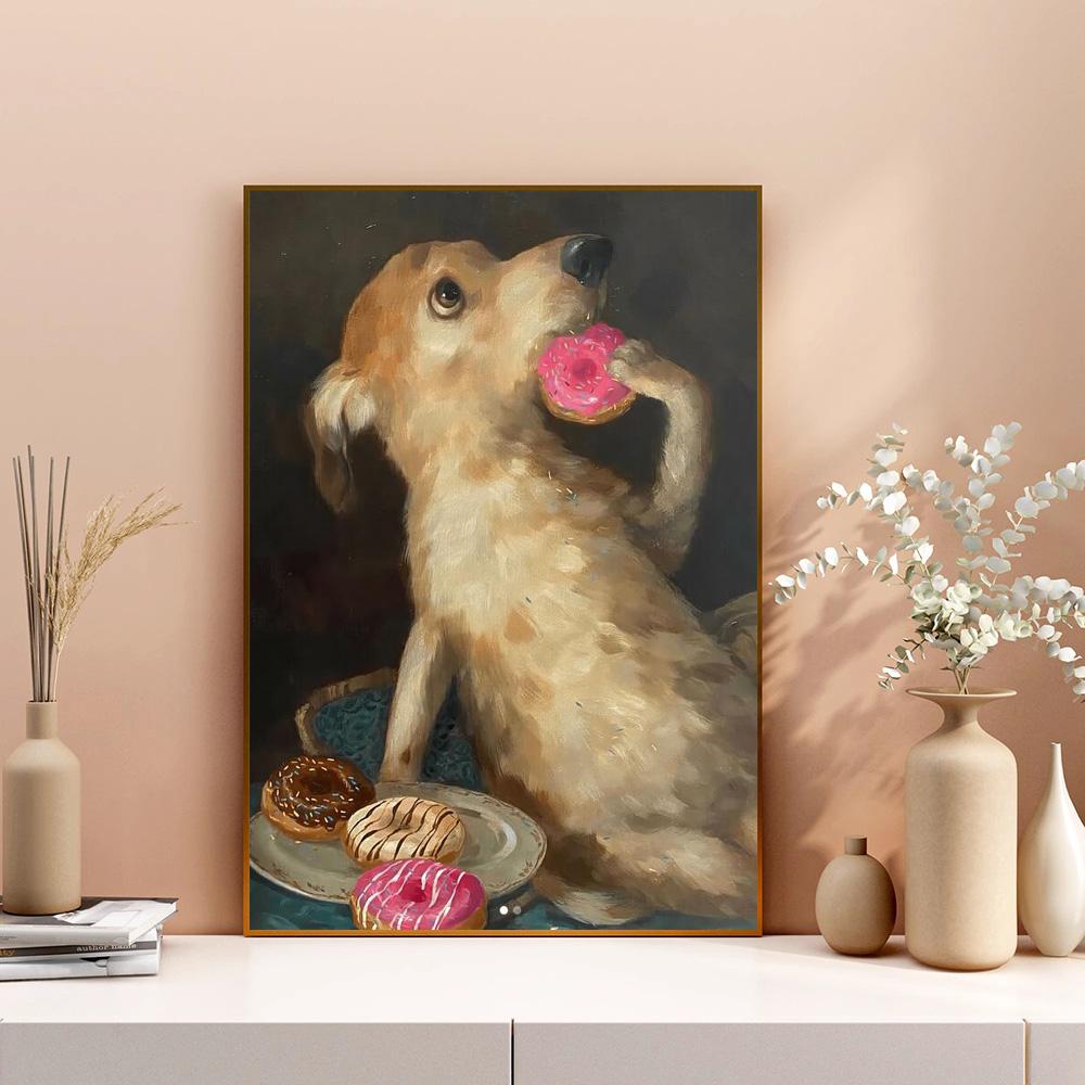 Funny Vintage Art Prints Cute Dog Eat Snacks Poster Retro Animal Wall Cat Have Cookie Cake Canvas Painting For Living Room