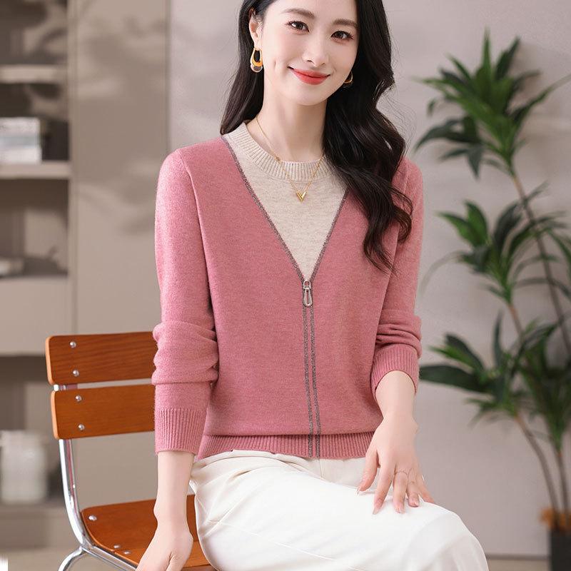 Colorblock Round Neck Knitted Long-sleeved Women's Sweater Spring Autumn New Fashion Versatile Bottoming Shirt Trendy