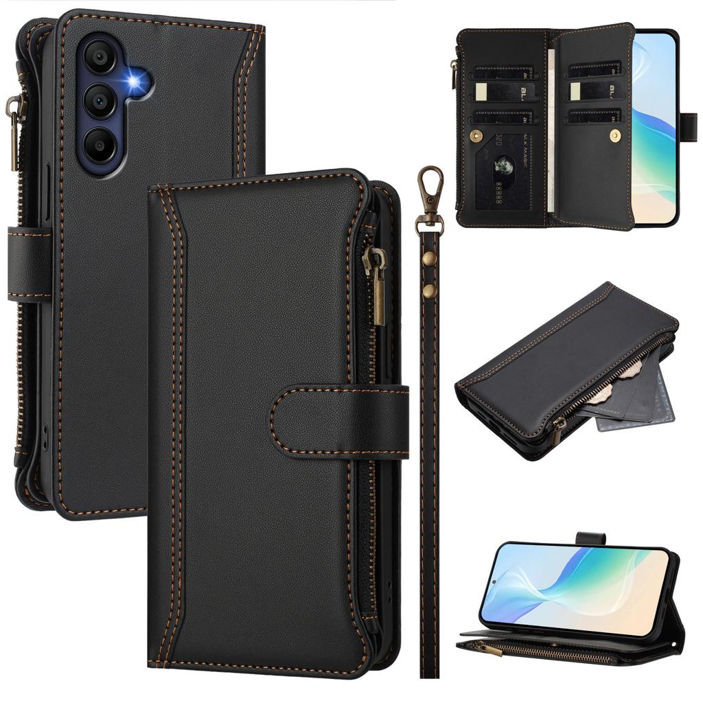 For Samsung Galaxy A26 5G Leather Case 9 Card Slots Zipper Wallet Stand Phone Cover with Wrist Strap