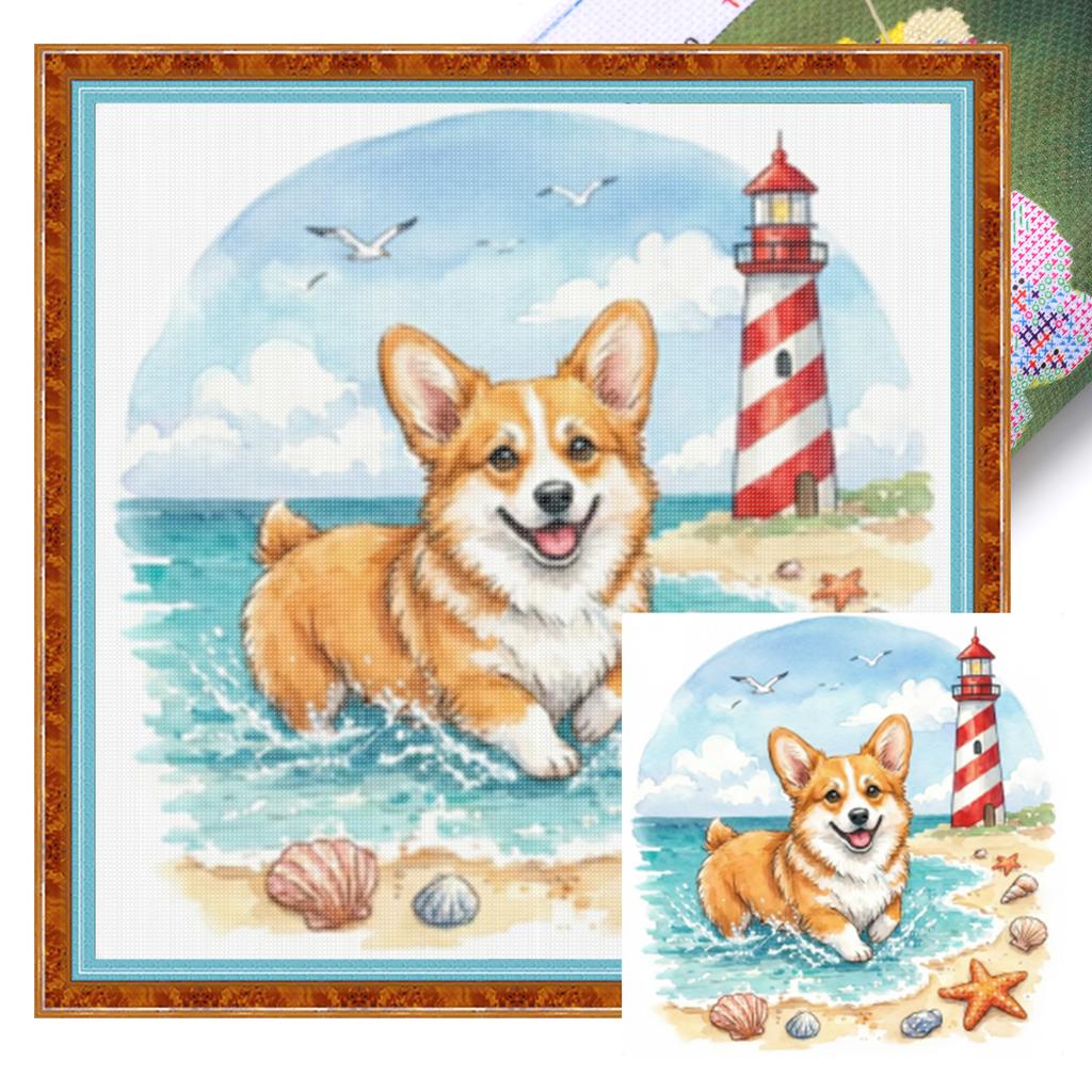 Dog on The Beach Full 14CT DIY Stamped Kits 30x30cm Printed Cross-Stitch Kits for Adults Home Decor