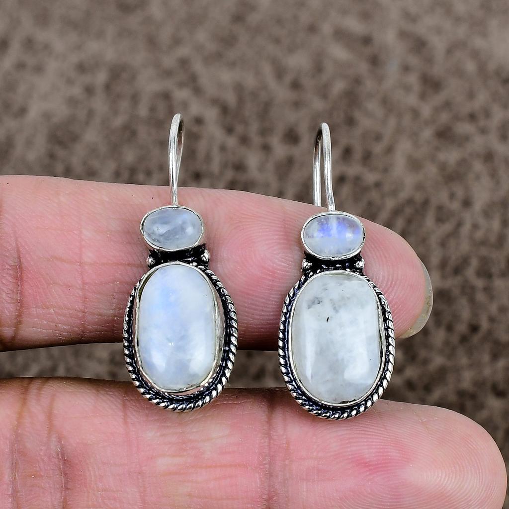 Moonstone Gemstone Handmade 925 Sterling Silver Jewelry Earring 1.58" KKG-939