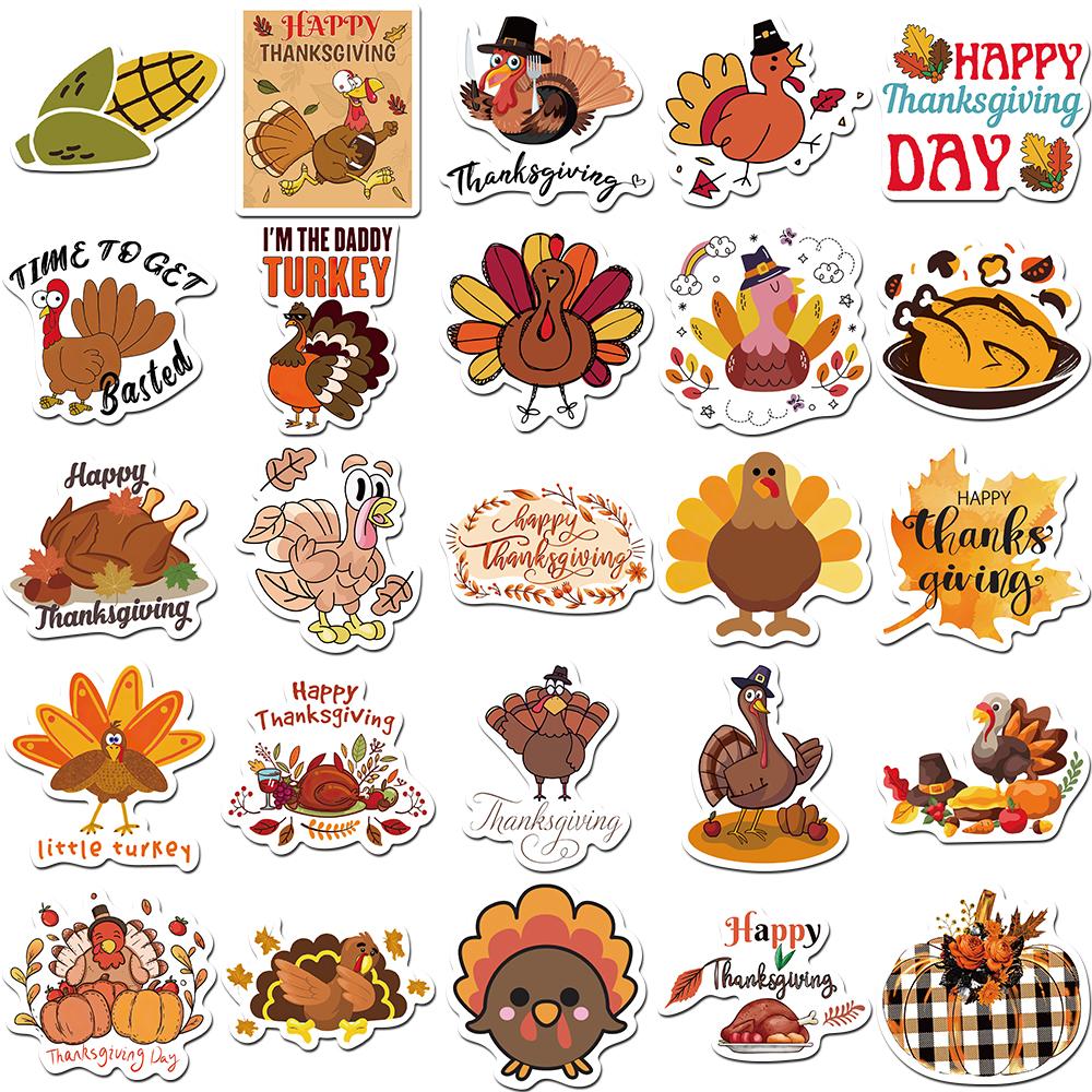 50Pcs Thanksgiving Day Sticker DIY Laptop Luggage Skateboard Funny Cartoon Pumpkin Turkey Autumn Maple Leaf Graffiti Decals