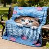 1pc Cat Paws Blue Fur Outdoor Flannel Blanket , Machine Washable Perfect Gift for Birthday , Holiday Travel Accessory , Durable Material
