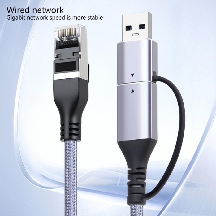 Сетевой адаптер-кабель USB Type C с гигабитной скоростью Ethernet, корпус из алюминиевого сплава с теплоотводом и не запутывающийся плетеный шнур