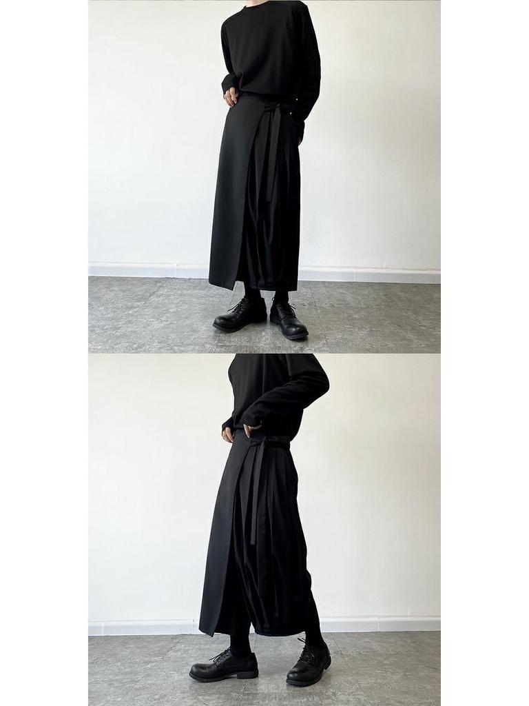 Yamamoto-Style Dark Drape Cropped Pleated Pants Skirt with Straps for Men & Women